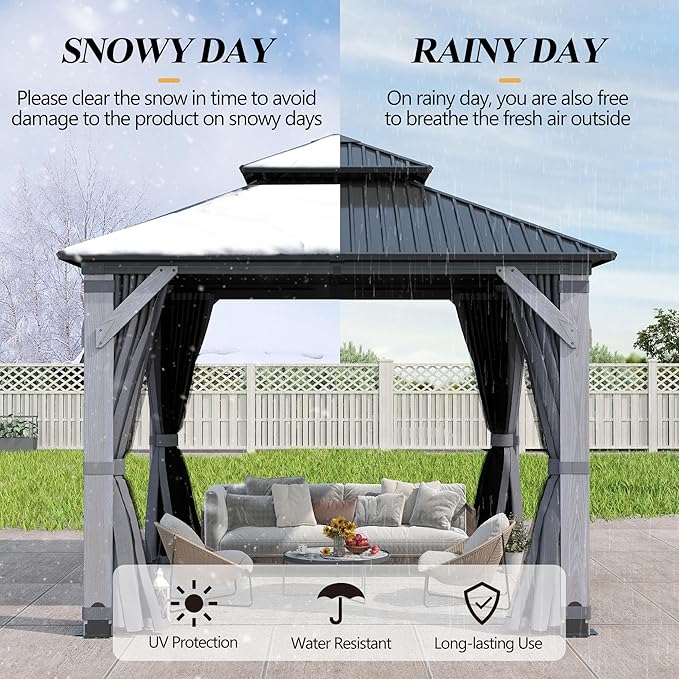 GARTOO 8.5' x 8.5' Outdoor Wood Gazebo - Permanent Wooden Hardtop Gazebo Pavilion with Double Curtains, Galvanized Steel Roof Cedar Wood Gazebos for Poolside, Garden, Lawn, Backyard Deck