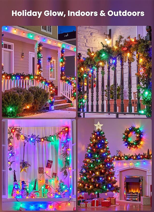 C9 LED Christmas Lights Outdoor, 81 Feet 100 LED String Lights with Timer & 8 Lighting Mode, Waterproof Commercial Grade Christmas Tree Lights for Outside Indoor Roofline Patio, Multicolor 2 Pack
