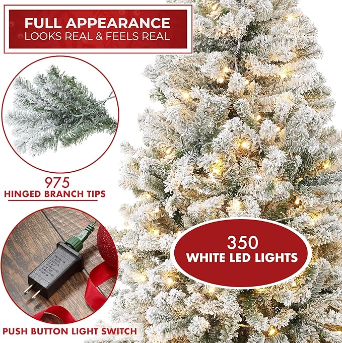 Casafield 7.5FT Pre-Lit Realistic Pencil Snow-Flocked Alpine Fir Artificial Holiday Christmas Tree with LED Lights and Metal Stand