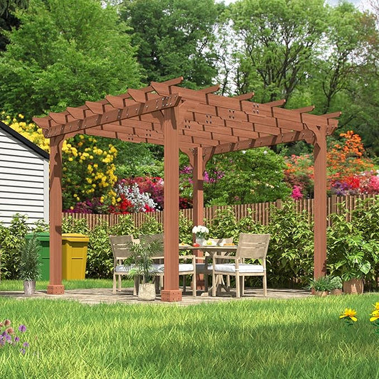 BlueWish 10'x10’ Outdoor Pergola, Patio Fir Wood Gazebo Outdoor Backyard Gazebo Pergola Kits with Slatted Roof Trellis & Stakes for Deck Grill Party Garden