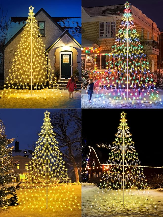 Lomotech Color Changing Christmas Tree Lights - 16Ft 664 LED with 10.5" Topper, Remote Controll Waterproof Iron Pole Waterfall Lights for Outdoor Christmas Decorations (Warm White to Multicolor)