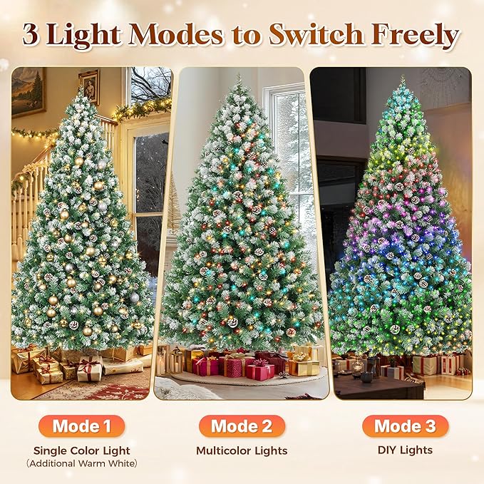 HOLLO STAR 7.5 ft Prelit Christmas Tree with 379 LED Lights, App Control, Artificial Christmas Tree, Multi-Color RGBW Lights, 1476 Flocked Frosted Tips, 86 Pine Cones, Metal Base, for Home, Party
