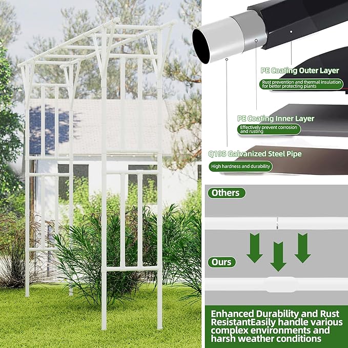 Flat Top Garden Arch Arbor Trellis, 11.81FT x 9.02FT Metal Pergola for Climbing Plants, Galvanized Steel Pipe with Plastic Coating, Decorations Pergola for Garden, Backyard, Lawn(White)