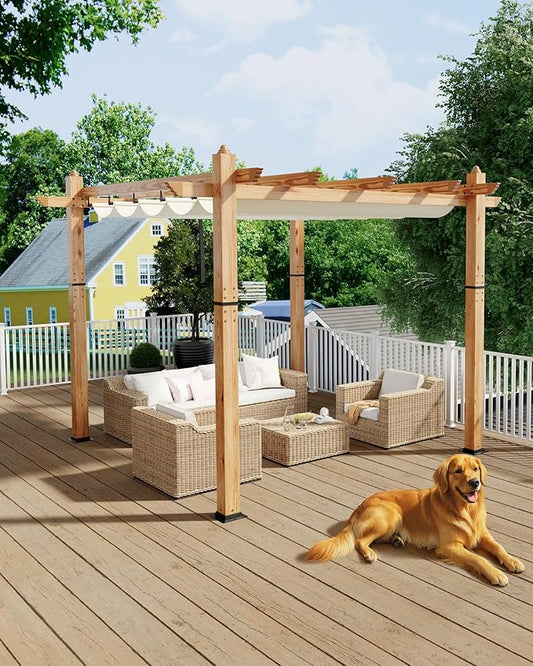 Garvee 10x10 Ft Outdoor Pergola with Retractable Canopy Aluminum Imitation Wood Grain Metal Patio Pergola for Backyard Deck Porch Grape Trellis(Beige)