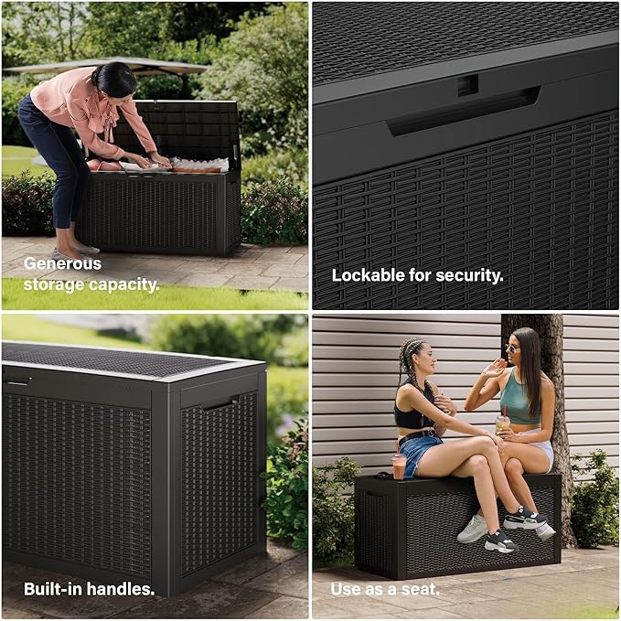 80 Gallon Deck Box, Resin Outdoor Indoor Waterproof Storage Box, Lockable Storage Box With Handle for Patio Furniture - Garden Tools - Swimming Pool Tools UV-Resistant, Black