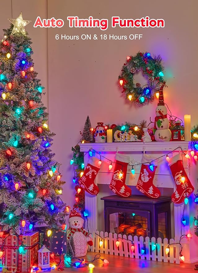 C9 Christmas Lights Outdoor Waterproof, 81 Feet 100 LED C9 String Lights with Timer & 8 Light Mode, Connectable Christmas Tree Lights for Indoor Outside Roofline Patio Decorations, Multicolor