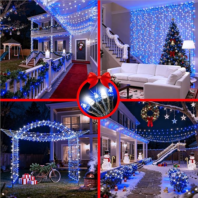 750 LED 240FT Christmas String Lights Outdoor, 12 Pro Modes and Timer Memory & Brightness, Plug in Outdoor Waterproof Clear Wire Twinkle Light for for Xmas Yard Tree Wedding Party Decor (Blue & White)