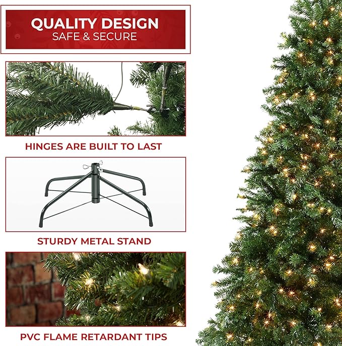 Casafield 9FT Realistic Pre-Lit Green Spruce Artificial Holiday Christmas Tree with Sturdy Metal Stand