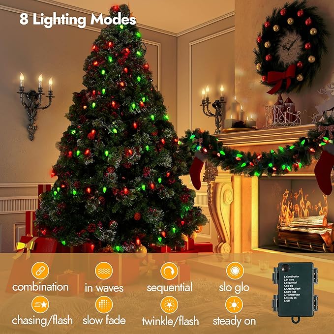 WBao C6 Battery Operated Christmas Lights, 100 LED 34ft String Lights with 8 Modes, Auto Timer, Waterproof for Indoor Outdoor Christmas Trees, Fence, Garlands, Stairs Xmas Decorations, Red Green