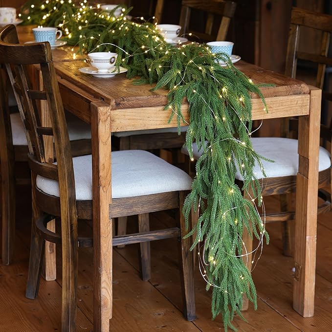 MISSPIN 9ft Christmas Garland with Lights, Real Touch Norfolk Pine Garland, Green Artificial Greenery Garland for Table, Mantle, Wall, Indoor, Outdoor Christmas Decorations