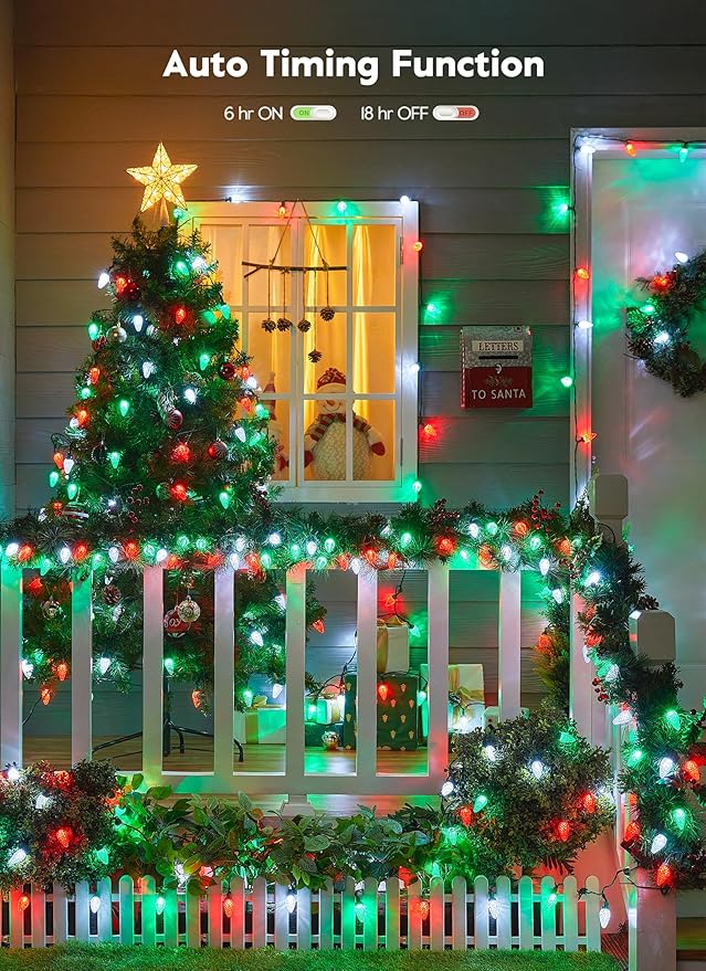 Brightown C9 Christmas Lights Outdoor, 114FT 150 LED String Lights with Timer, 8 Modes, UL Listed Waterproof Christmas Tree Lights for House Roof Garden Patio Decor, Red Green and Pure White