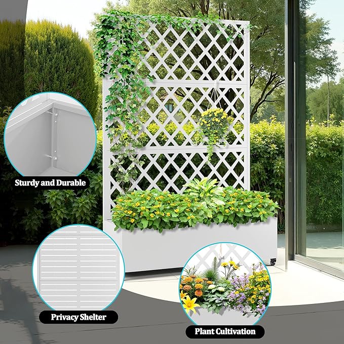 Metal Planter Box with Trellis, Planter Box with Privacy Screen, Privacy Trellis Outdoor for Climbing Plants with Drainage Holes, Raised Garden Bed with Wheels