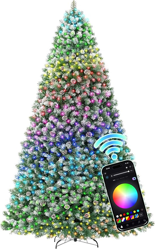 HOLLO STAR 12 ft Prelit Christmas Tree with 904 LED Lights, App Control, Artificial Christmas Tree, Multi-Color RGBW Lights, 3885 Flocked Frosted Tips, 152 Pine Cones, Metal Base, for Home, Party