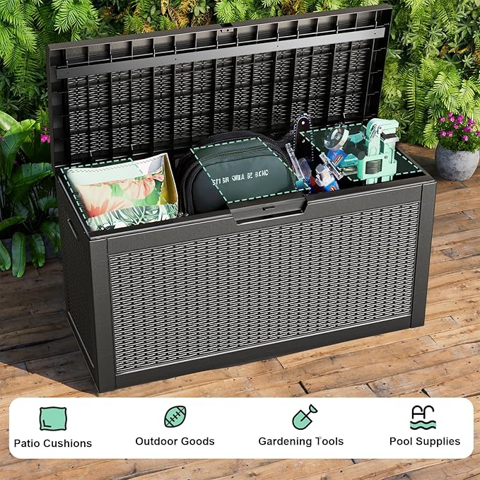 DRATO 60 Gallon Deck Box, Waterproof Resin Large Outdoor Storgae Box for Patio Furniture, Patio Cushions, Gardening Tools, Pool Supplies, Lockable