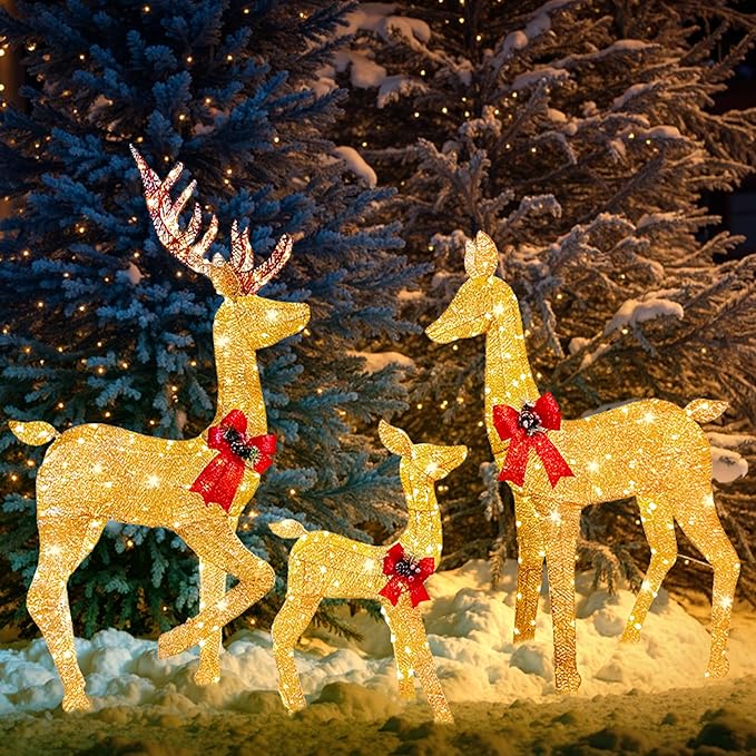 Joiedomi 3 Packs Christmas Decoration Deer Family, 360 LED Lighted Rattan Reindeers Yard Lights, Christmas Outdoor Decorations for Yard Garden Lawn, Xmas Decor, Golden Reindeer
