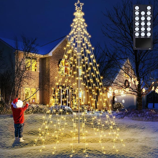 Lomotech Christmas Tree Lights - 10Ft 404 LED with 7.08" Topper, Remote Controll Waterproof Iron Pole Waterfall Lights for Outdoor Christmas Decorations (Warm White)