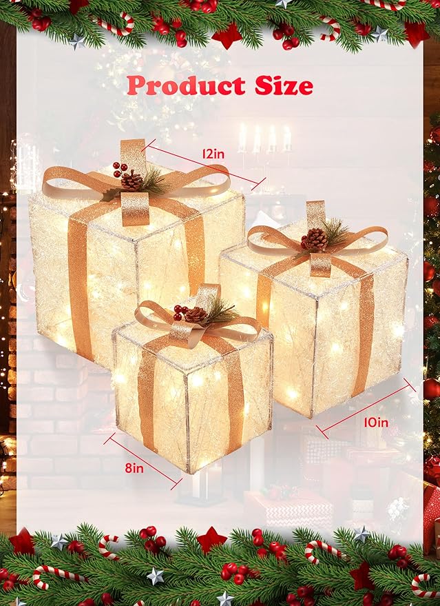 3 Pieces Lighted Gift Boxes Christmas Decorations, 12in 10in 8in with 60 Pre-Strung Mini String Lights, Foldable Light up Present Boxes for Indoor Outdoor Holiday Party Christmas Yard Home Art Decor