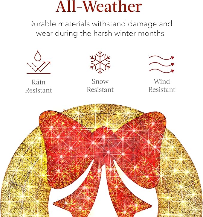 Best Choice Products 60in Pre-Lit Outdoor Christmas Wreath Decoration, LED Metal Holiday Decor for Home Exterior, Garden w/ 206 Lights, Bow - Gold/Red