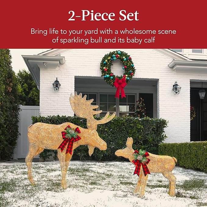 Best Choice Products 2-Piece Moose Family, Lighted Outdoor All-Weather Christmas Yard Decoration Light-Up Décor Set w/ 170 LED Lights, Ground Stakes, Zip Ties - Gold