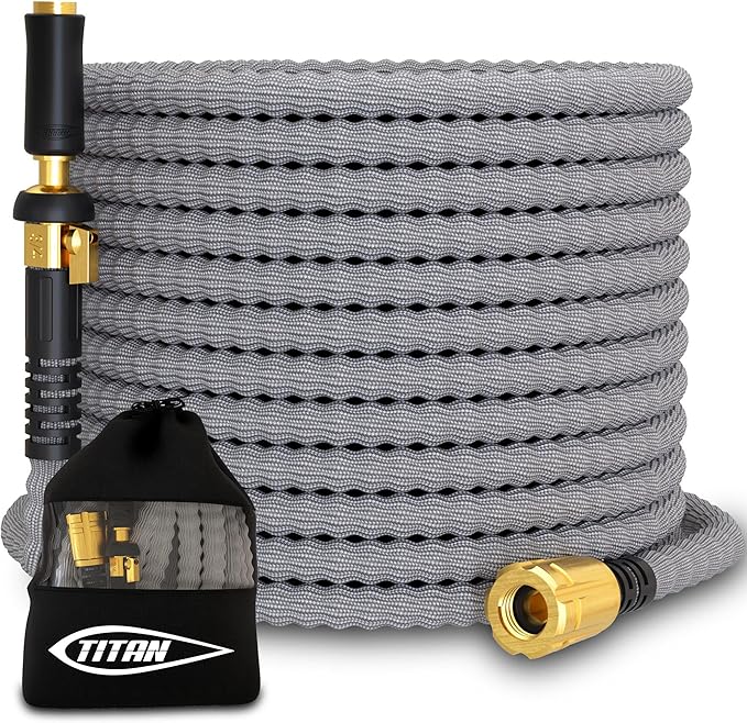 TITAN Flexible Garden Hose 100FT – Ultra Lightweight, Heavy Duty Water Hose with Brass Fittings & Jet Nozzle – Kink-Free, Non-Expanding, Durable Fabric Hose for Yard, Lawn, Car Wash, Outdoor Use
