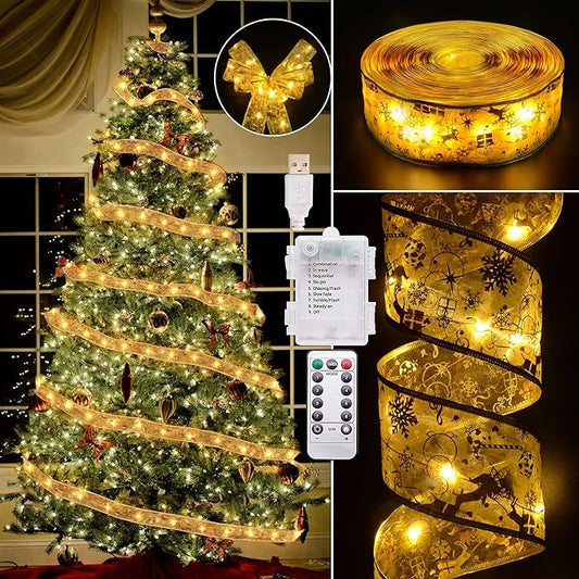Christmas Decorations - 2.5Inch x 66Ft 200 Led Christmas Tree Ribbon Lights with 8 Lighting Modes, Battery Operated & USB Powered Fairy String Lights with Timer for Xmas Tree Decor
