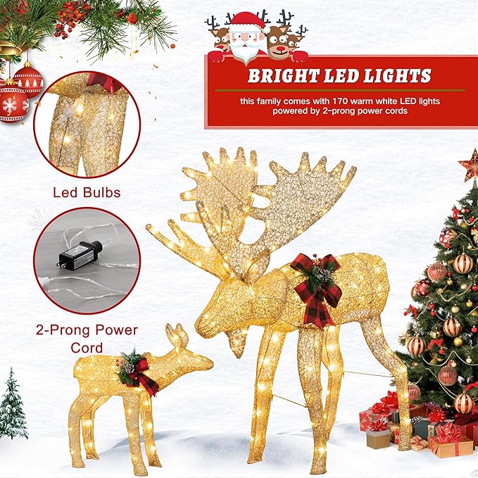 Vongrasig 2-Piece 3D Lighted Christmas Reindeer Family, Pre-Lit Gold Christmas Decor Deer with 170 Warm White LED Lights, Outdoor/Indoor Festive Holiday Decoration for Yard Patio Lawn Garden Party