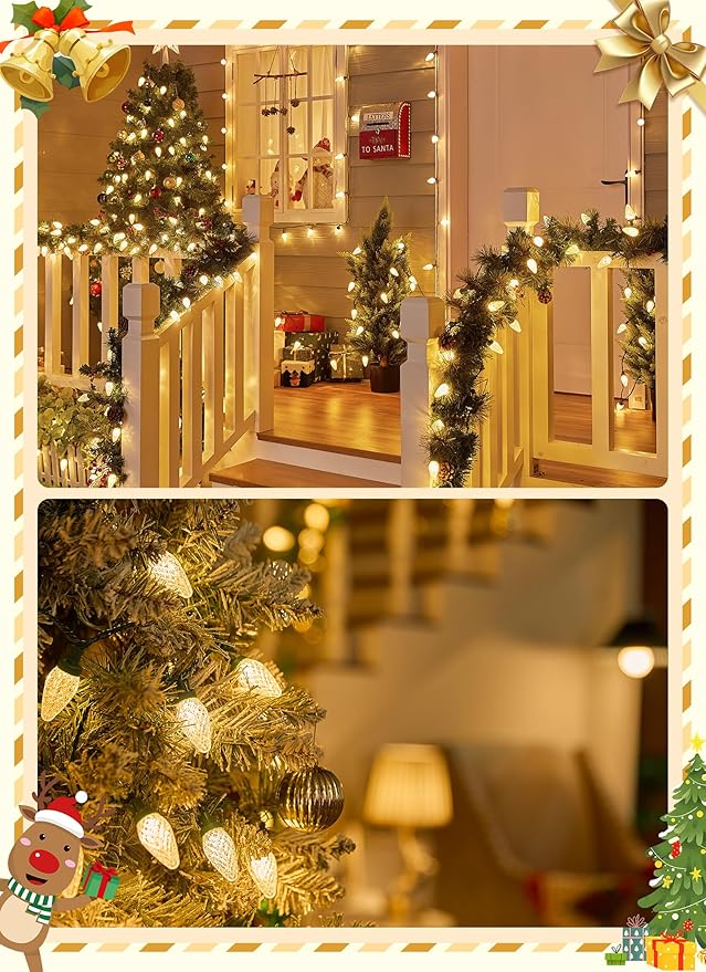 Brightown C9 Christmas Lights Outdoor, 114FT 150 LED Warm White String Lights with Timer, 8 Modes, Plug-in UL Listed Waterproof Connectable Christmas Tree Lights for House, Roof, Garden, Patio Decor