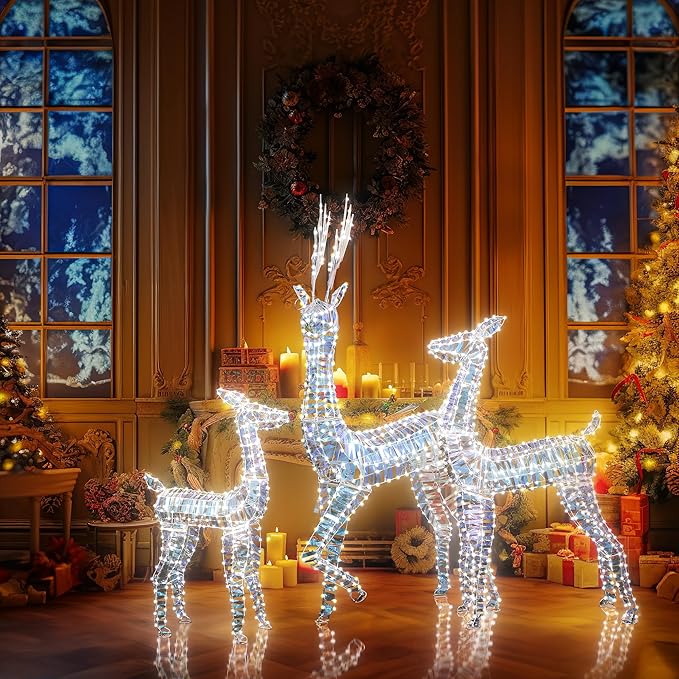 AWQM 3-Piece Lighted Christmas Reindeer, Christmas Deer Family Set, 50+80+100 LED Lights, Indoor or Outdoor Christmas Holiday Decoration for Yards Garden Lawn Patio Light Up Display, Iridescent