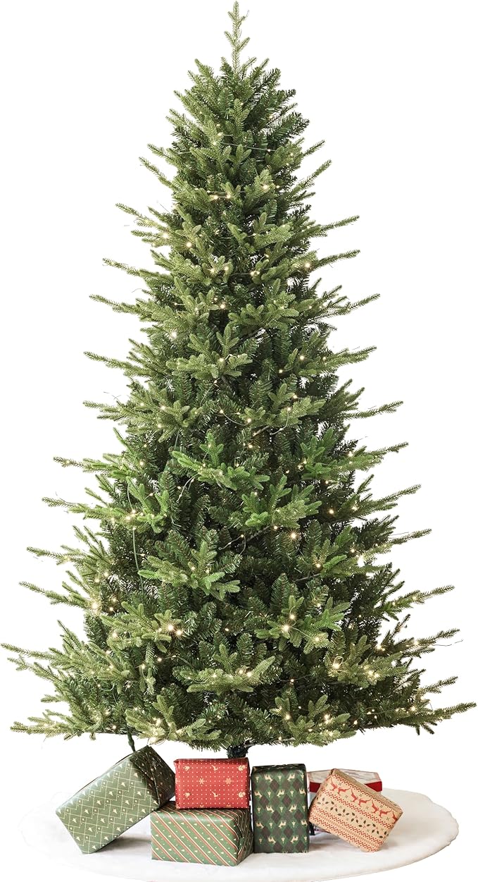 7.5ft Fraser Slim Fir Pre-Lit Artificial Christmas Tree with 792 Low-Voltage Warm LED Lights, Easy Plug & Foldable Stand, Realistic Flame-Resistant Branches