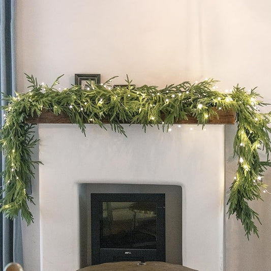 MISSPIN 6ft Christmas Garland with LED Lights, Real Touch Norfolk Pine Garland, Green Artificial Greenery Garland for Table, Mantle, String Light, Wall, Indoor, Outdoor Christmas Decorations