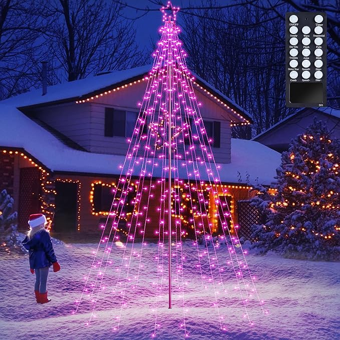 Lomotech Christmas Tree Lights - 10Ft 404 LED with 7.08" Topper, Remote Controll Waterproof Iron Pole Waterfall Lights for Outdoor Christmas Decorations (Pink)