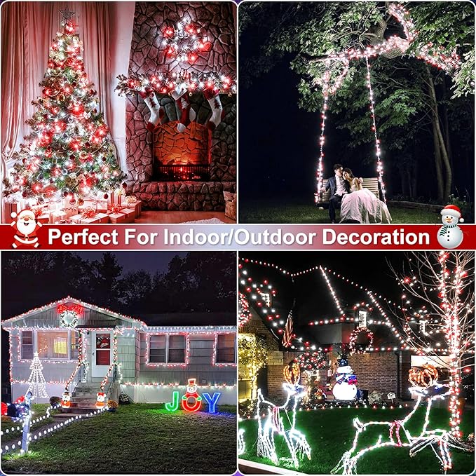 Christmas Lights Outdoor, 66FT 200 LED Christmas String Lights with 8 Modes Waterproof, Connectable Green Wire Twinkle Light for Indoor Patio Garden Xmas Party Holiday Decorations, Red White