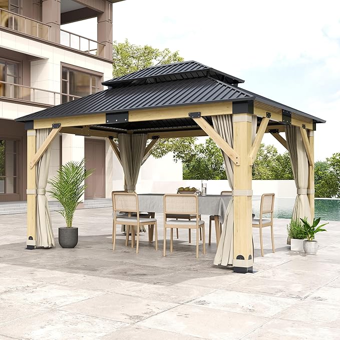 11x13FT Wood Gazebo, Outdoor Wooden Gazebo with Galvanized Steel Double Roof, Hardtop Gazebos for Garden, Patio, Deck, Backyard (w/Beige Curtain &Netting)