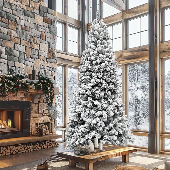 Fraser Hill Farm 12-Ft. Alaskan Pine Flocked Artificial Christmas Tree with Stand, Unlit Foldable Fake Tree with Realistic Snowy Foliage for Home Decoration