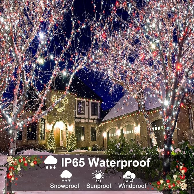 Christmas Lights Outdoor, 66FT 200 LED Christmas String Lights with 8 Modes Waterproof, Connectable Green Wire Twinkle Light for Indoor Patio Garden Xmas Party Holiday Decorations, Red White