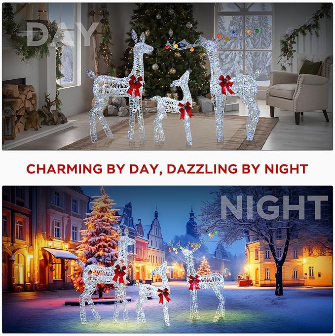 Outdoor Lighted Reindeer Family Christmas Decor, 52" H Iridescent Deer 3D Holiday Yard Decorations with 200 White LED Lights, 3-Piece Set, Perfect for Lawn, Gardern