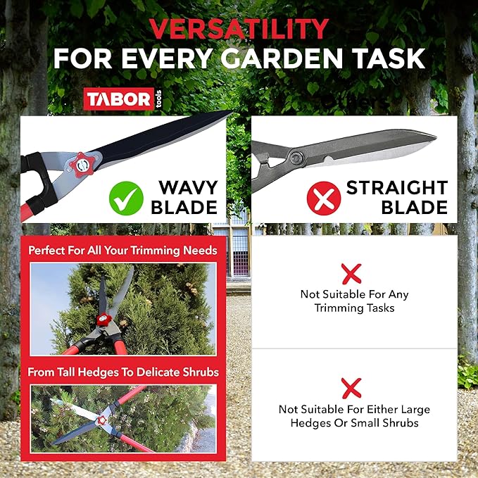 TABOR TOOLS B620A Hedge Shears with Wavy Blade for Trimming Borders, Boxwood, and Bushes, Manual Hedge Clippers with Comfort Grip Handles.