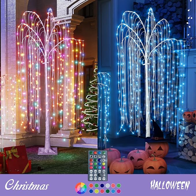 Lamerge 3pcs Lighted Willow Tree Decorations,4FT+5FT+6FT Colorful Birch Tree RGB LED Trees with Remote,Weeping Willow Tree Indoor/Outdoor Lighted Christmas Tree Decorations for Yard