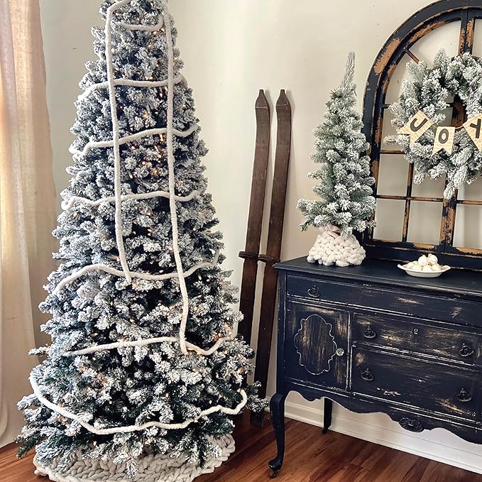 Fraser Hill Farm 12-Ft. Alaskan Pine Flocked Artificial Christmas Tree with Warm White LED Lights and Stand, Prelit Foldable Fake Tree with Realistic Snowy Foliage for Home Decoration