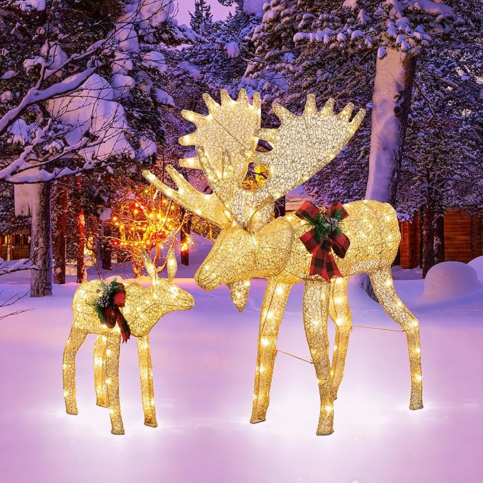 Vongrasig 2-Piece 3D Lighted Christmas Reindeer Family, Pre-Lit Gold Christmas Decor Deer with 170 Warm White LED Lights, Outdoor/Indoor Festive Holiday Decoration for Yard Patio Lawn Garden Party