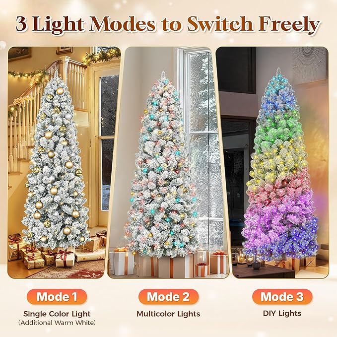HOLLO STAR 6 ft Flocked Prelit Christmas Tree with 250 LED Lights, App Control, Skinny Artificial Pencil Christmas Tree, Multi-Color RGBW Lights, 770 Branch Tips, for Small Space, Home, Party