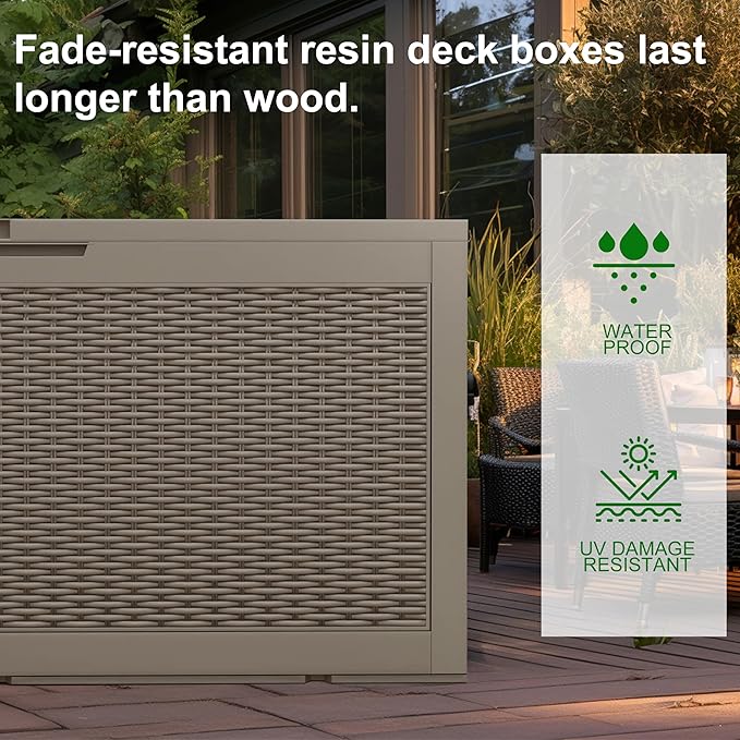 100 Gallon Outdoor Deck Box,Storage Lockable Waterproof Patio Furniture,Garden Tools,Cushions,Pool Accessories Outside Storage Resin Box(Grey)