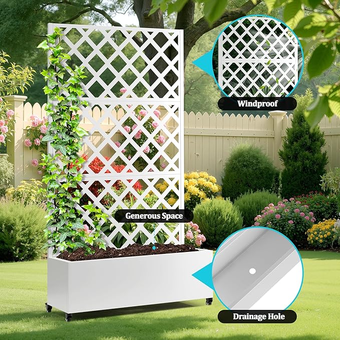 Metal Planter Box with Trellis, Planter Box with Privacy Screen, Privacy Trellis Outdoor for Climbing Plants with Drainage Holes, Raised Garden Bed with Wheels