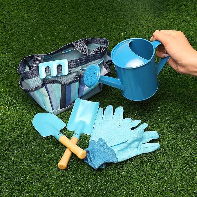 Kids Gardening Tools Set, Toddler Play Kit Child Outdoor Toy with Gloves, Watering Can, Metal Shovel, Rake, Spade & Storage Bag, Backyard Sand Digging Birthday for Boys Girls 3-5 (Blue)