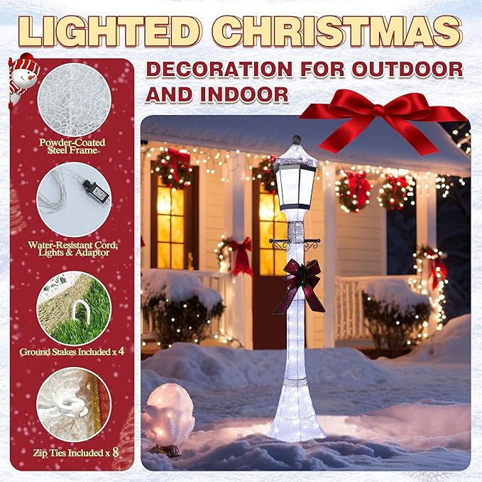 BlueWish 6FT Christmas Decorations Outdoor, Pre-Lit Lighted Xmas Decor with Removable Decorative Bow, Lighted Post Christmas Decoration with Waterproof Lights Cold White for Outdoor and Indoor
