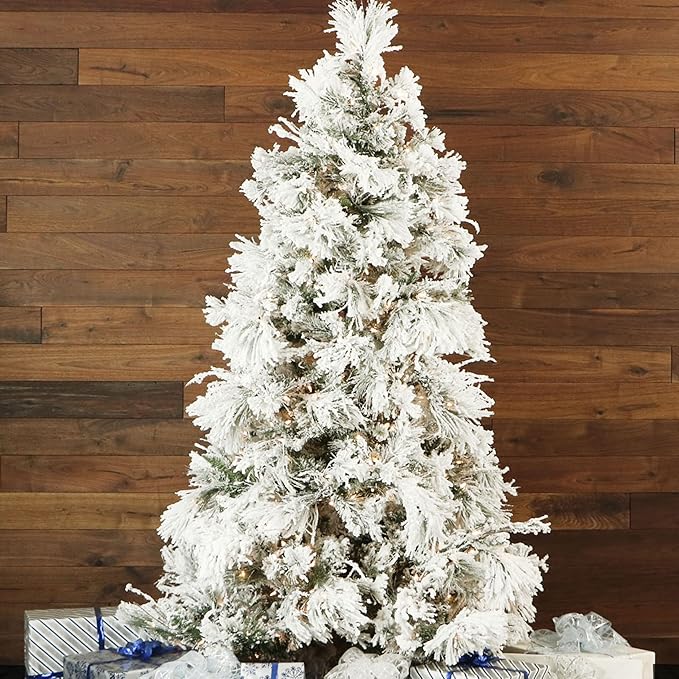 Fraser Hill Farm 9-Ft. Snowy Pine Flocked Artificial Christmas Tree with White Incandescent Smart Lights and Stand, Prelit Foldable Fake Tree with Realistic Snowy Foliage for Home Decoration