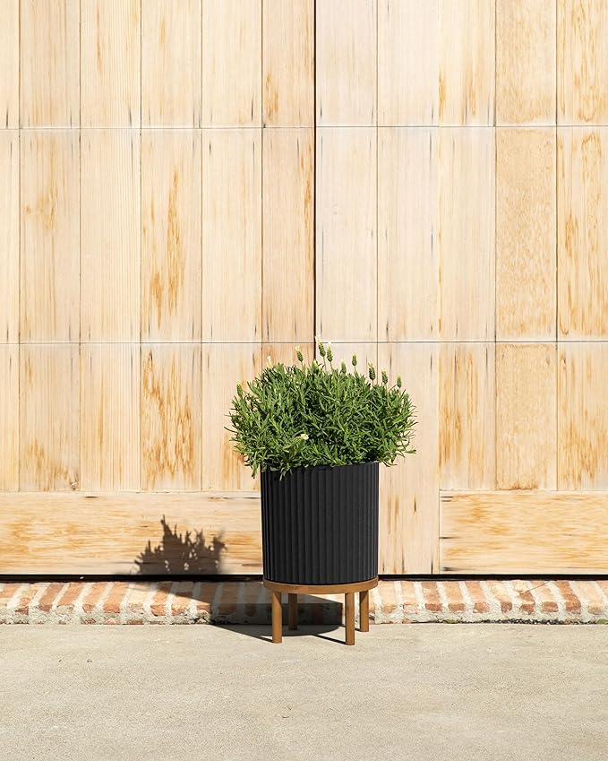 Veradek Demi Series Round Planter w/ Stand for Porch/Patio | Durable Plastic-Concrete & Wooden Stand | Modern Décor for Tall Plants, Flowers