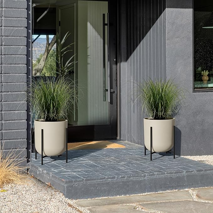 Veradek Mason Series Raised Lima Planter - Round Planter for Patio/Balcony | Plastic-Stone Composite w/Metal Plant Stand | Modern Décor for Plants