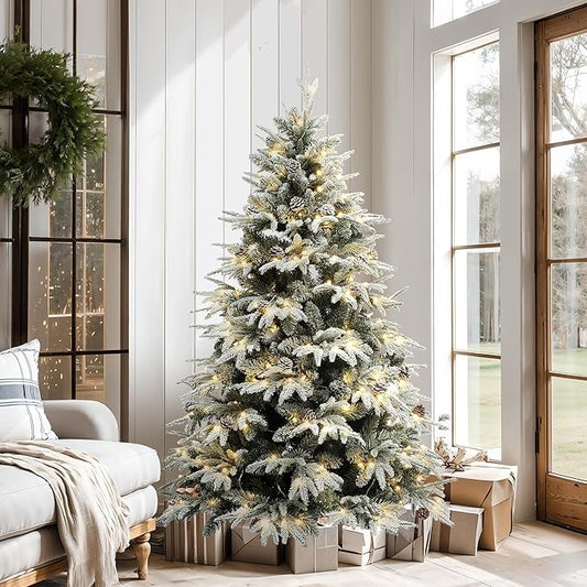 LuxenHome 7FT Christmas Tree with Lights, Full Flocked Prelit Artificial Christmas Tree with Pine Cone, 400 LED Lights,1856 PE+PVC Branch Tips, Prelit Pine Tree for Indoor, Outdoor Holiday Décor