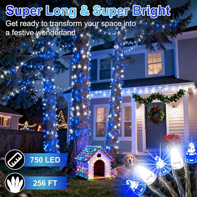 750 LED 256ft Outdoor Christmas Lights, Super Long String Light 8 Modes Timer Memory, Outsite Waterproof Dark Green Wire Fairy Light String for Xmas Tree Wedding Holiday Party Decorations Blue & White